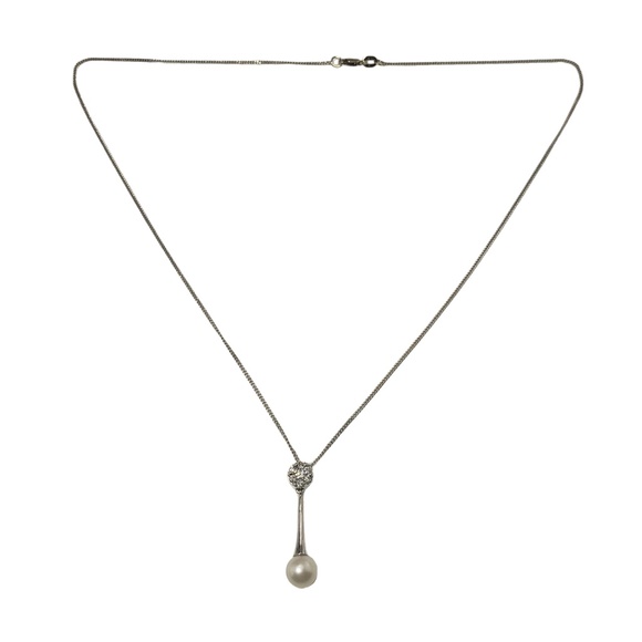 Vintage 14 Karat White Gold Pearl and Diamond Pendant Necklace #13088 - Picture 4 of 6